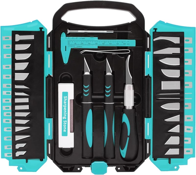 MANUFORE 34pcs Large Exacto Knife Set Blue Deluxe Craft Precision Knife Set Include 3pcs Craft Knives with Anti-Slip Rubber Grip, 25pcs Different Blades, 2pcs Needles, Sharpening Stone, Screwdriver - Image 1